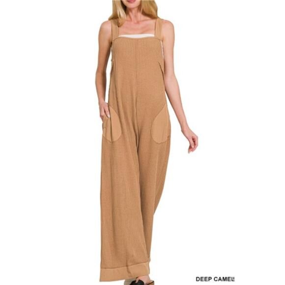 Zenana Knit Waffle Wide Leg Overalls - Picture 1 of 2